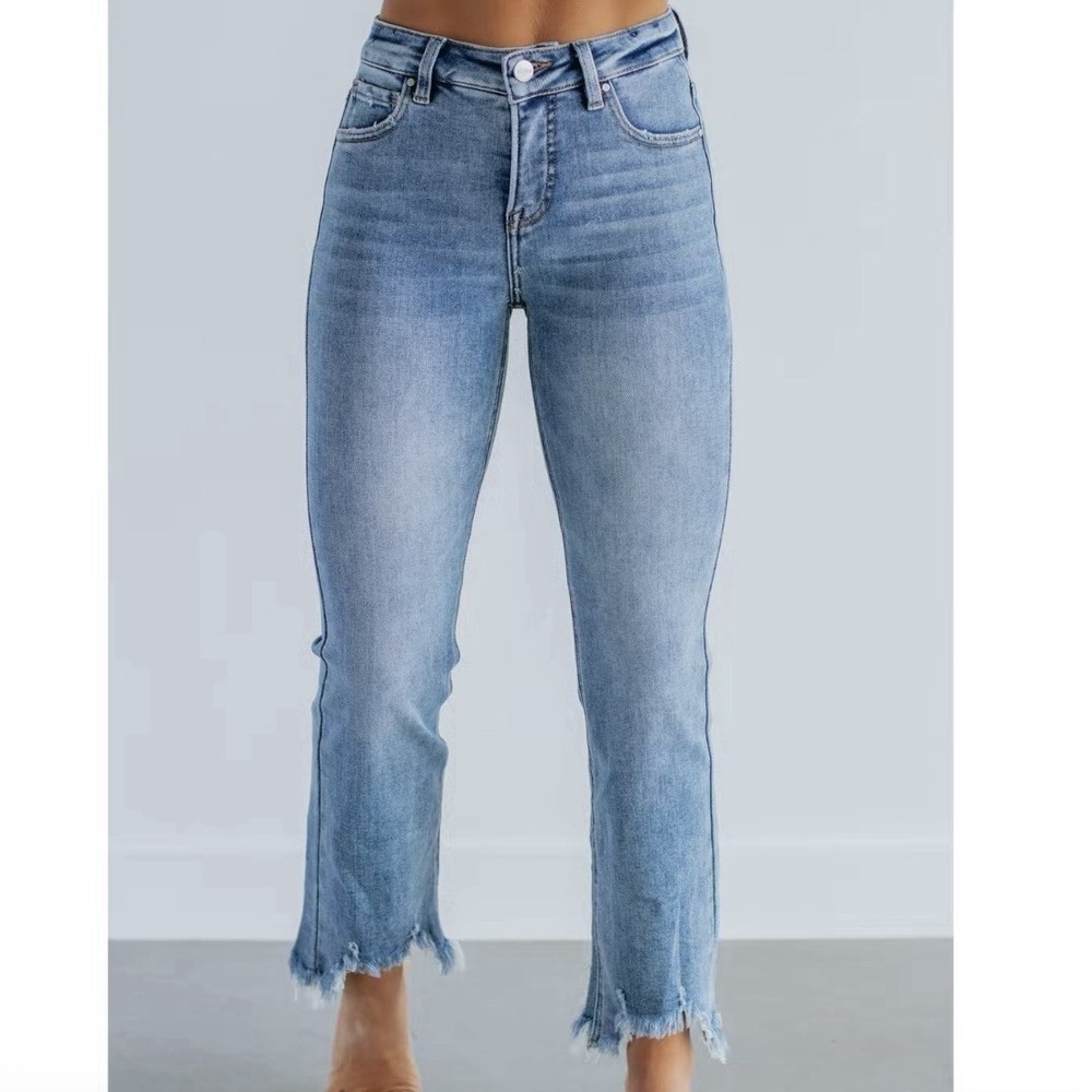 Risen Neona Jeans Womens 3/26 Medium Wash Mid Rise Raw Frayed Hem